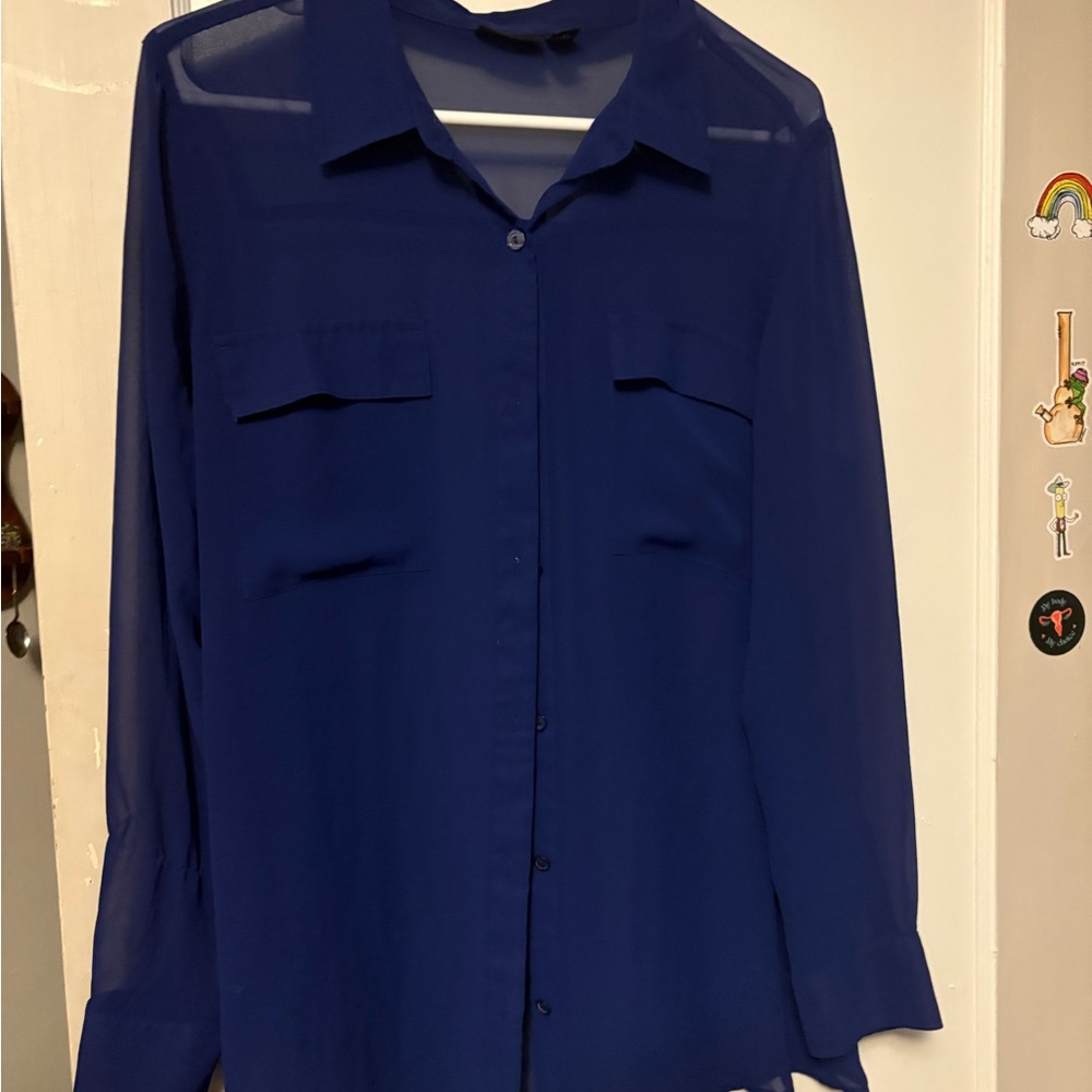 Elegant Blue Sheer Button-Up Blouse